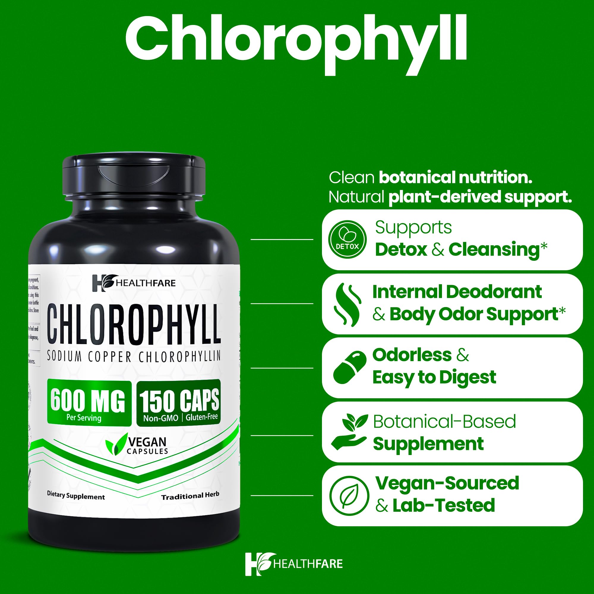 Healthfare Chlorophyll Capsules label highlights vegan and gluten-free benefits.