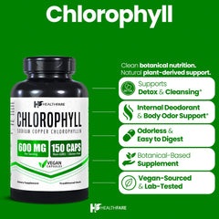 Healthfare Chlorophyll Capsules label highlights vegan and gluten-free benefits.
