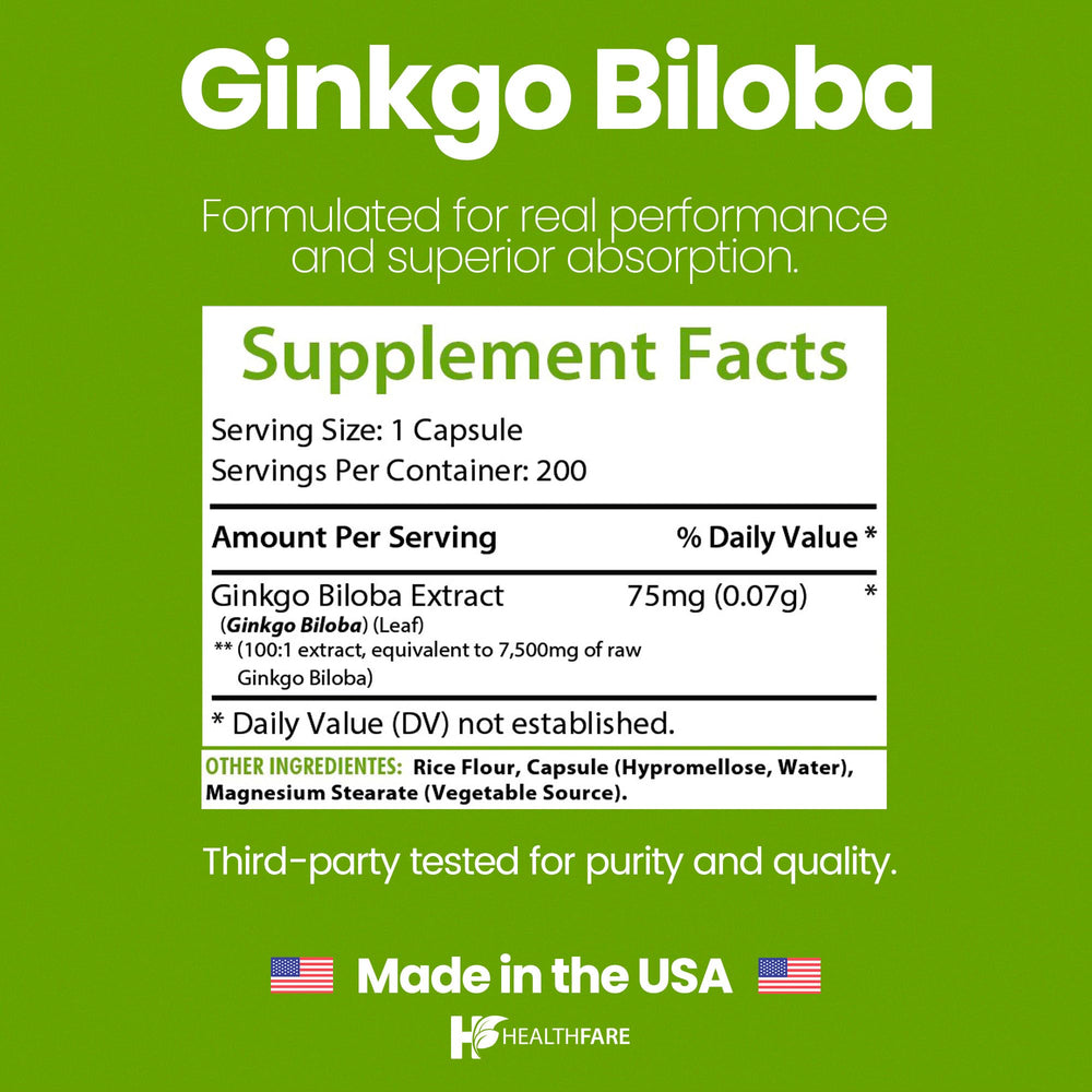 Healthfare Ginkgo bottle label highlights high potency per serving.