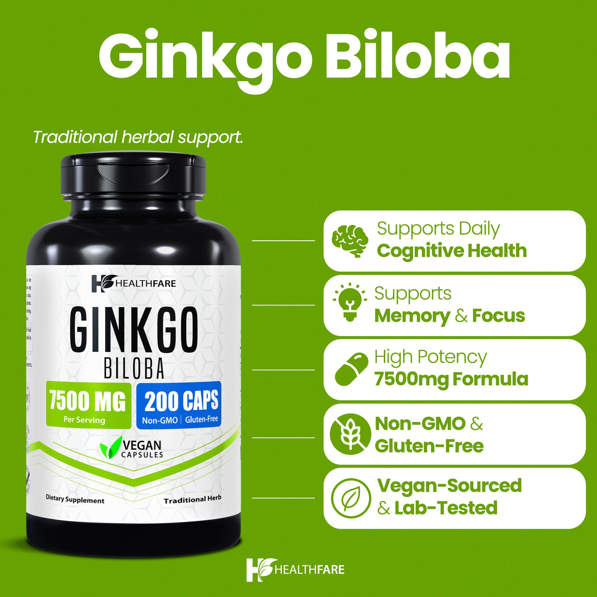 Healthfare Ginkgo capsules close-up emphasizes vegan, non-GMO formula for focus.