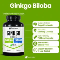 Healthfare Ginkgo capsules close-up emphasizes vegan, non-GMO formula for focus.
