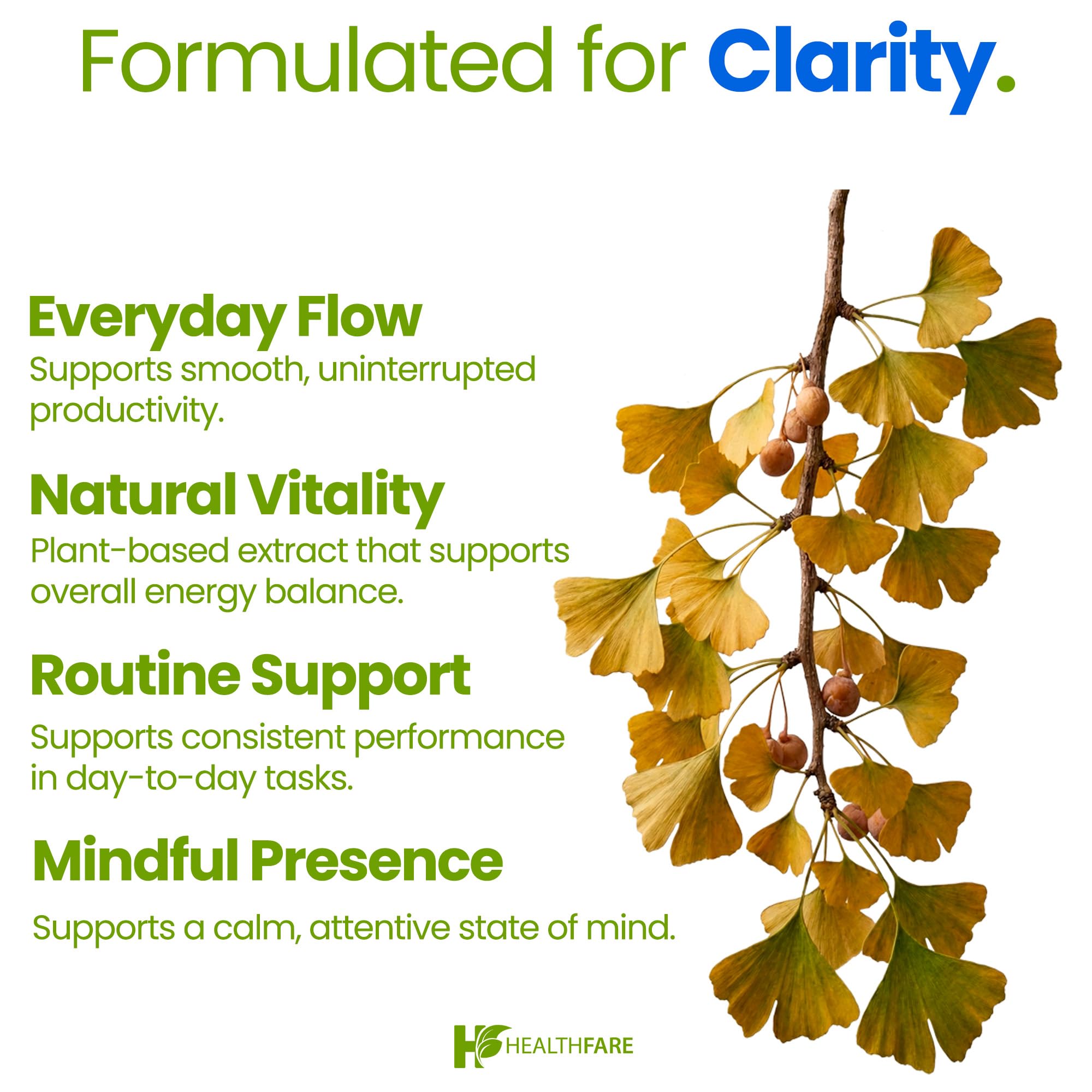 Healthfare Ginkgo product label notes Made in USA and GMP-certified quality.