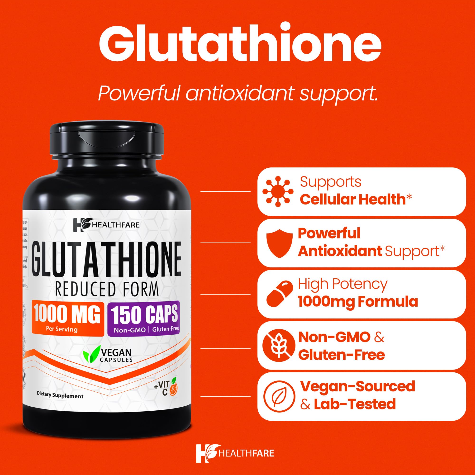 Healthfare Glutathione 150 vegan capsules in bottle for daily immune support.