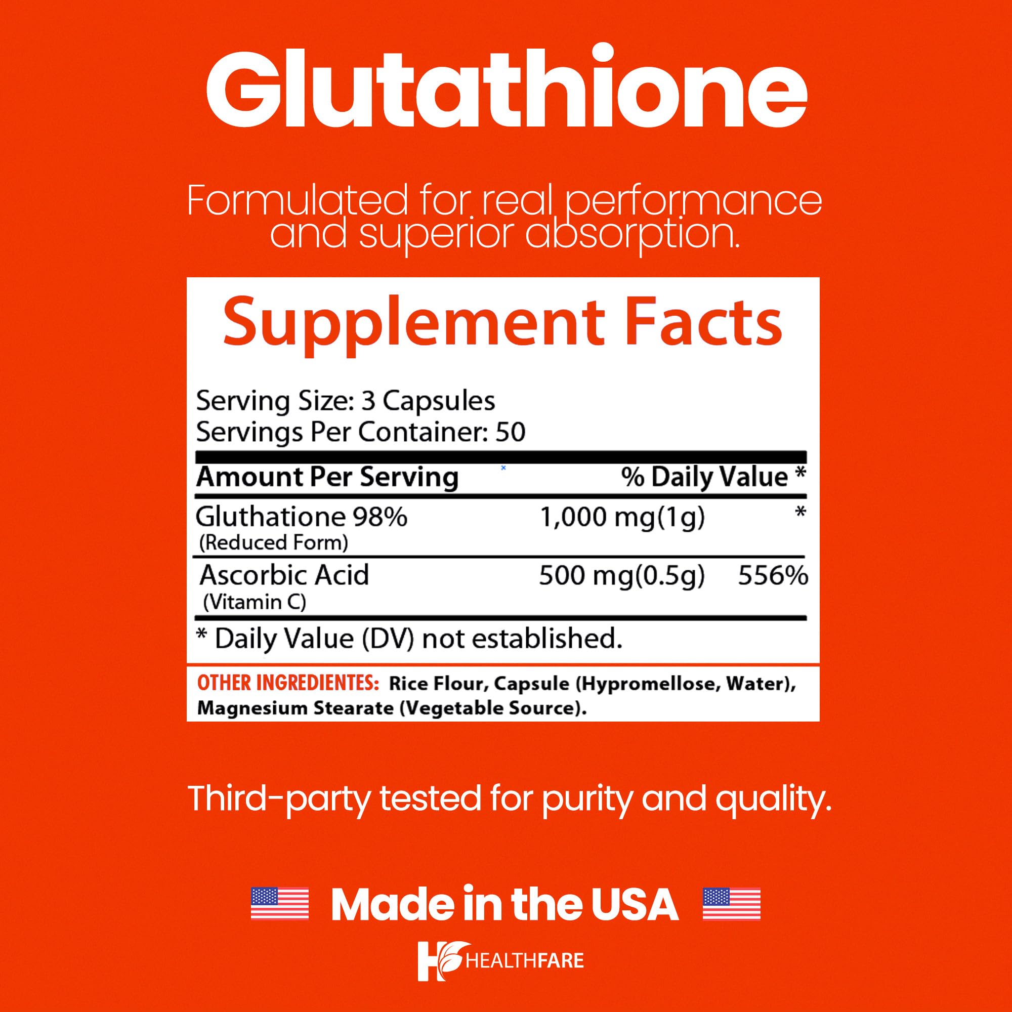 Healthfare Glutathione label detail highlighting purity and GMP compliance.
