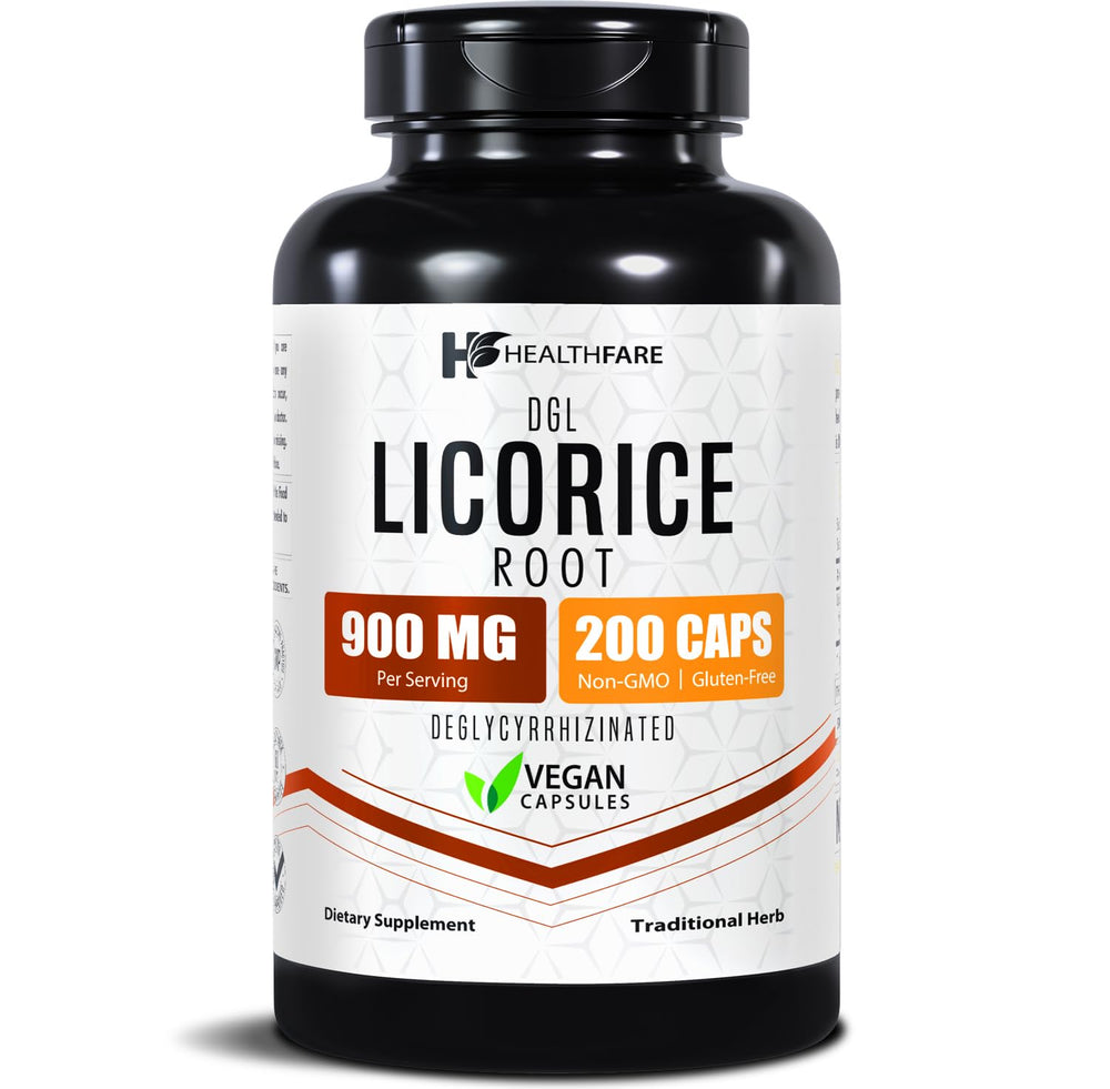 Healthfare Licorice Root Extract 900mg bottle front showing strength for daily use