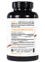 Close-up of Healthfare licorice root capsules highlighting 900 mg potency