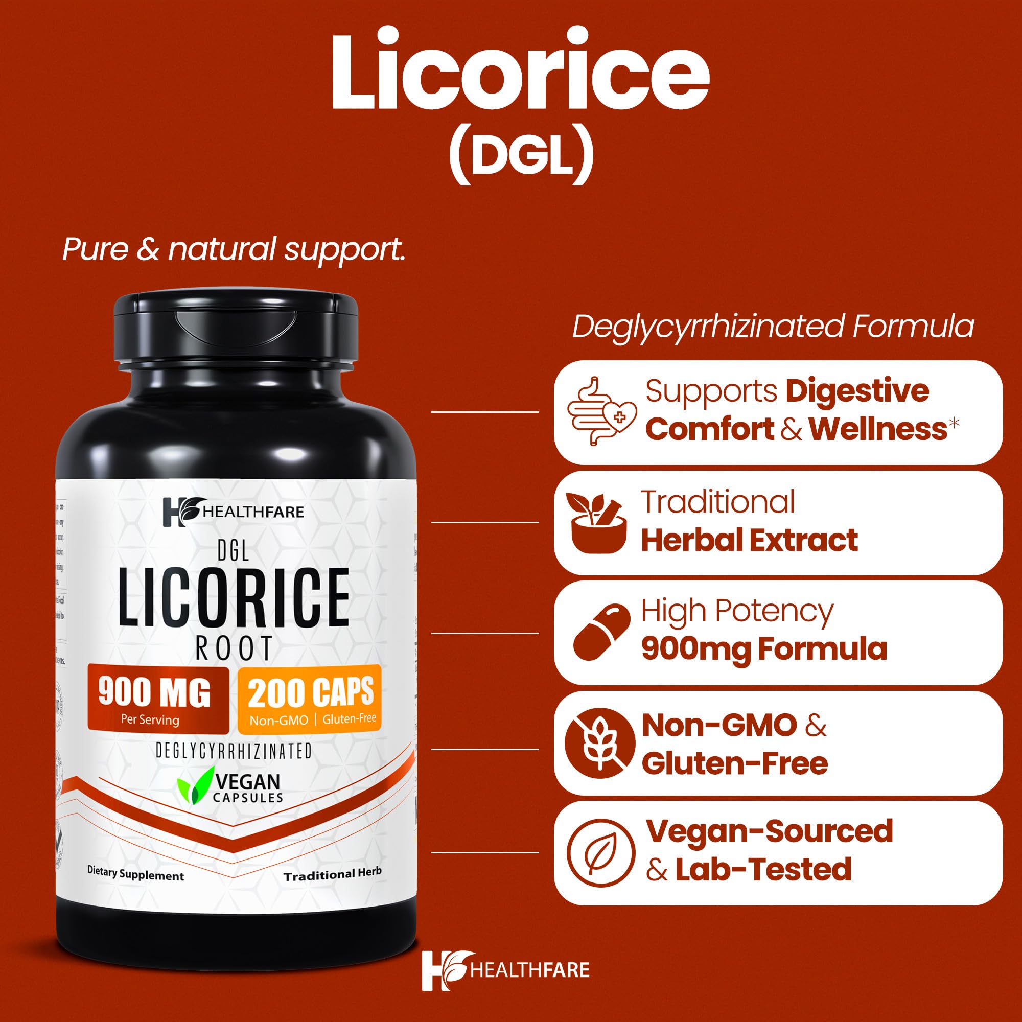 Healthfare Licorice Root Extract capsules close-up highlighting vegan formula