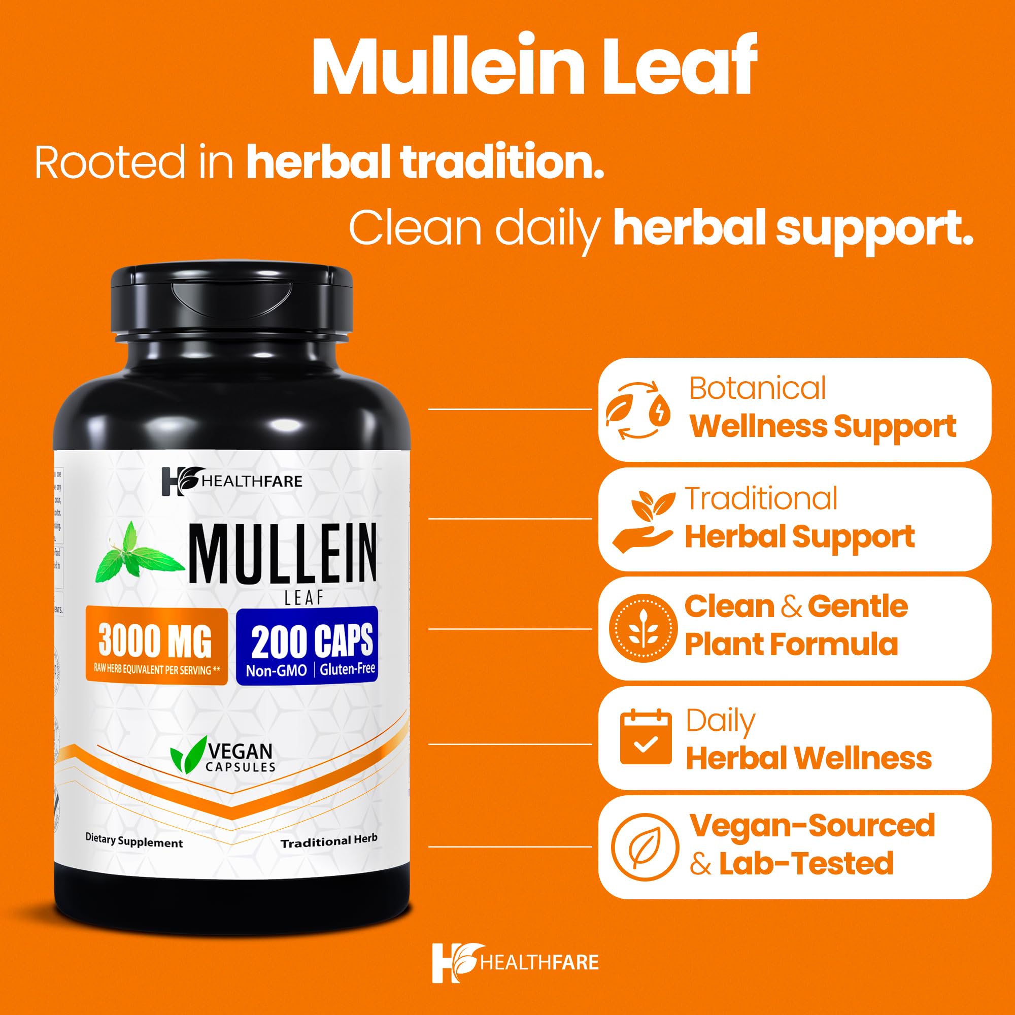 Healthfare Mullein Leaf Extract capsules close-up emphasizes vegan daily capsules.