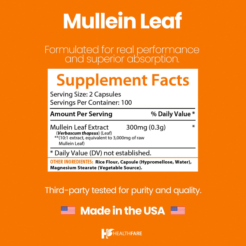 Healthfare Mullein Leaf Extract label emphasizes clean label and no artificial fillers