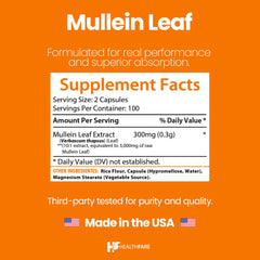 Healthfare Mullein Leaf Extract label emphasizes clean label and no artificial fillers