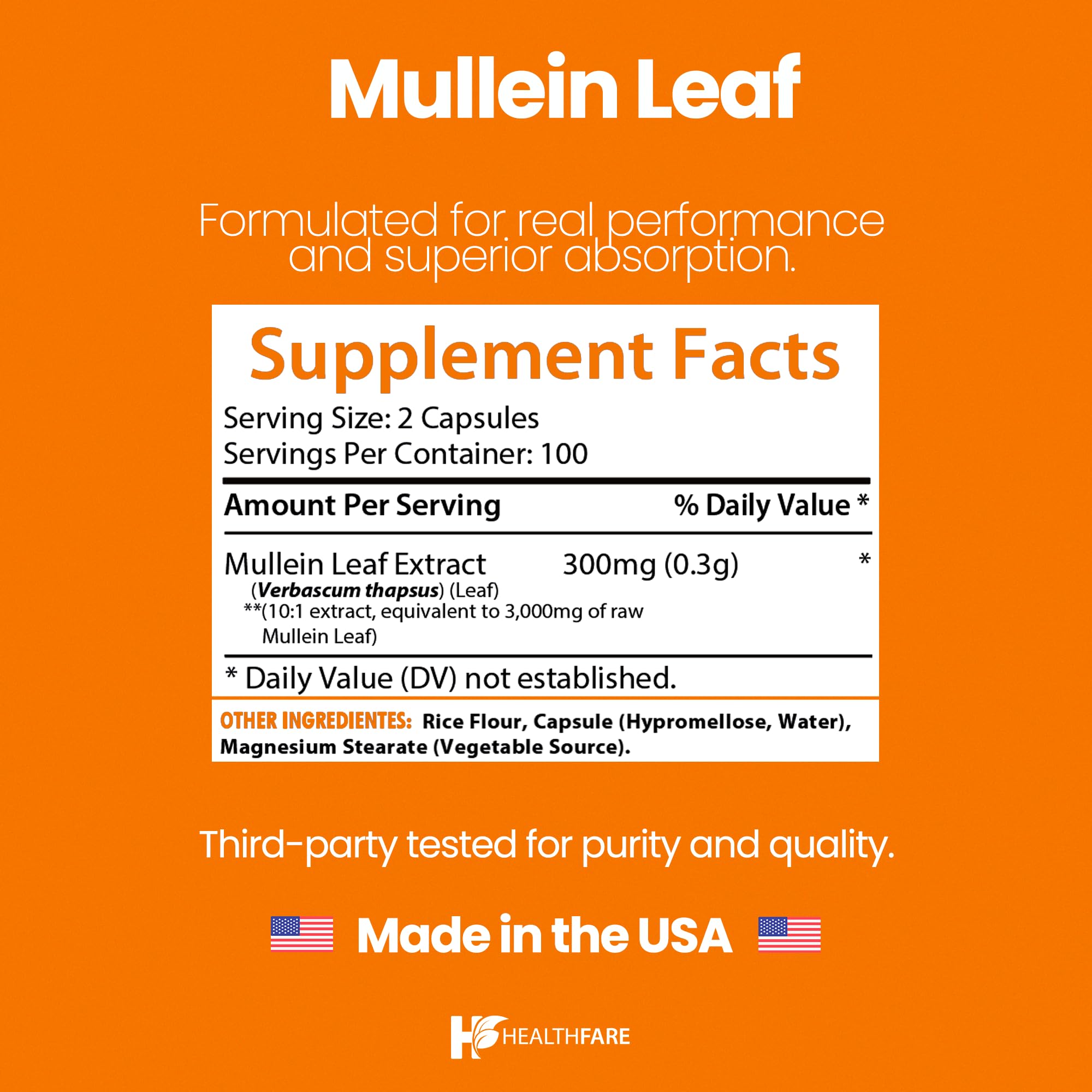 Healthfare Mullein Leaf Extract packaging shows non-GMO and gluten-free credentials.