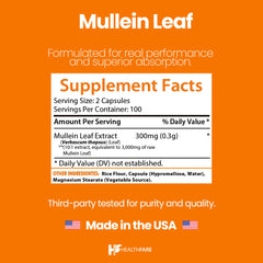 Healthfare Mullein Leaf Extract packaging shows non-GMO and gluten-free credentials.