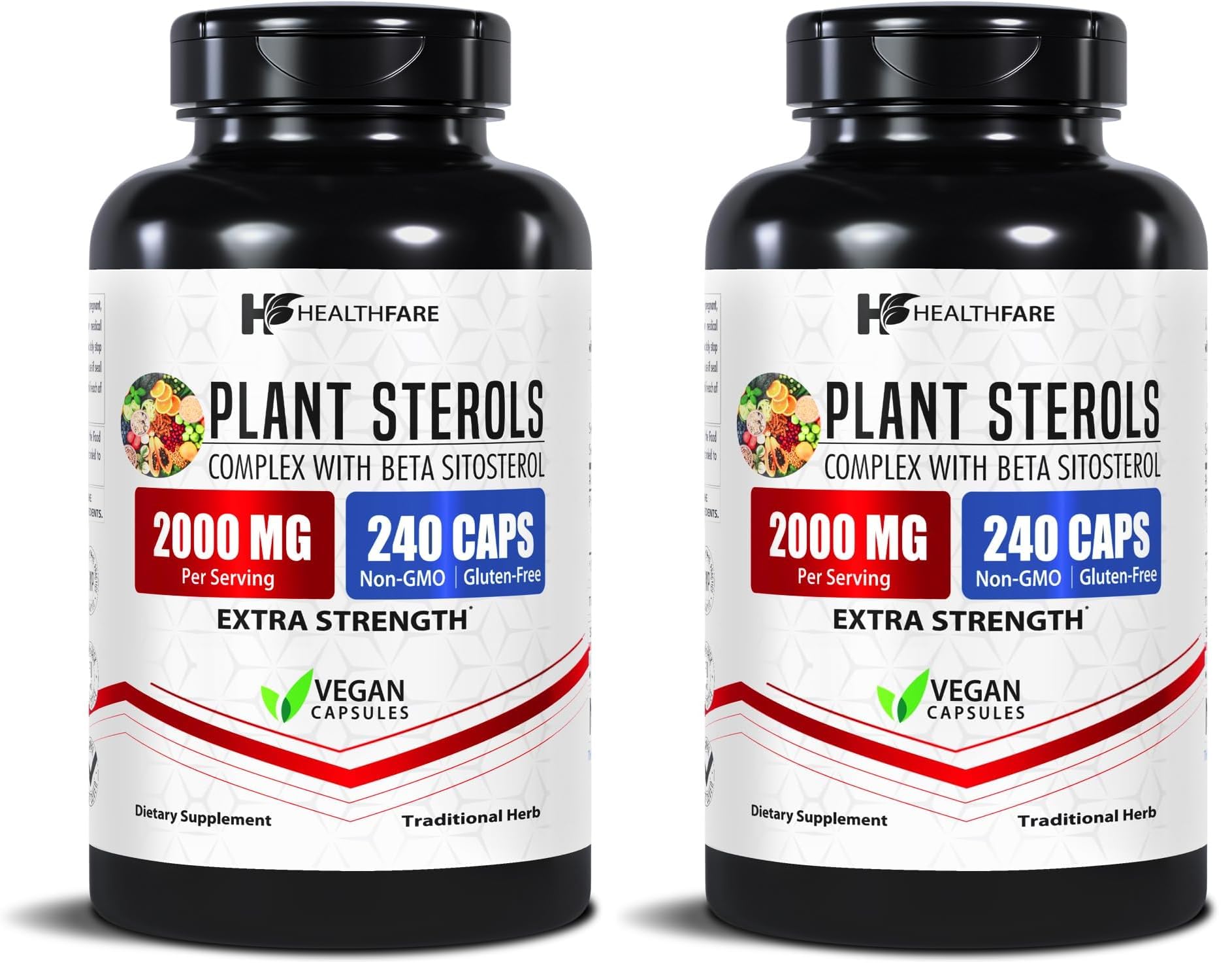Healthfare Plant Sterols Capsules bottle shown for daily wellness routine.
