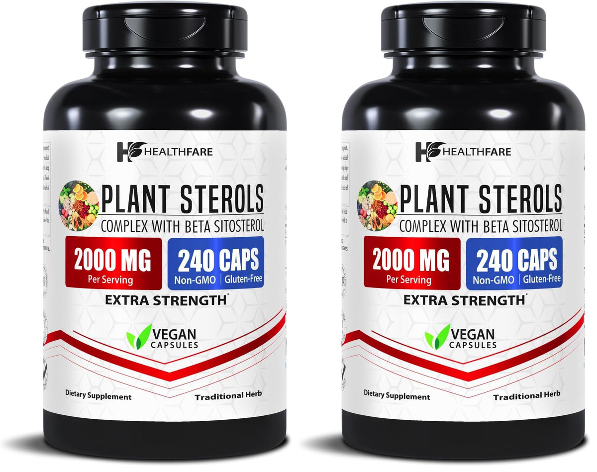 Healthfare Plant Sterols Capsules bottle shown for daily wellness routine.