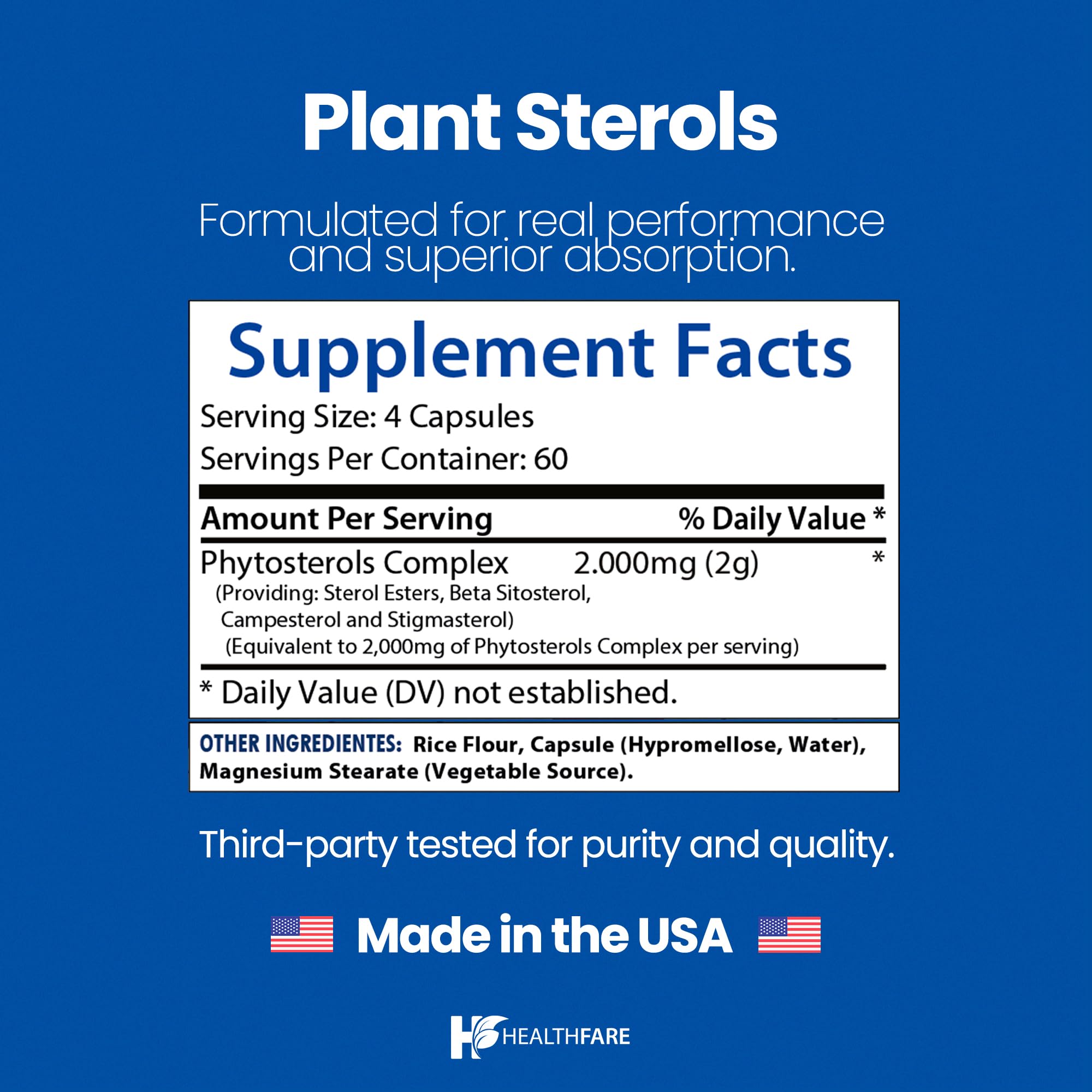 Healthfare Plant Sterols Capsules USA-made seal shown on bottle.