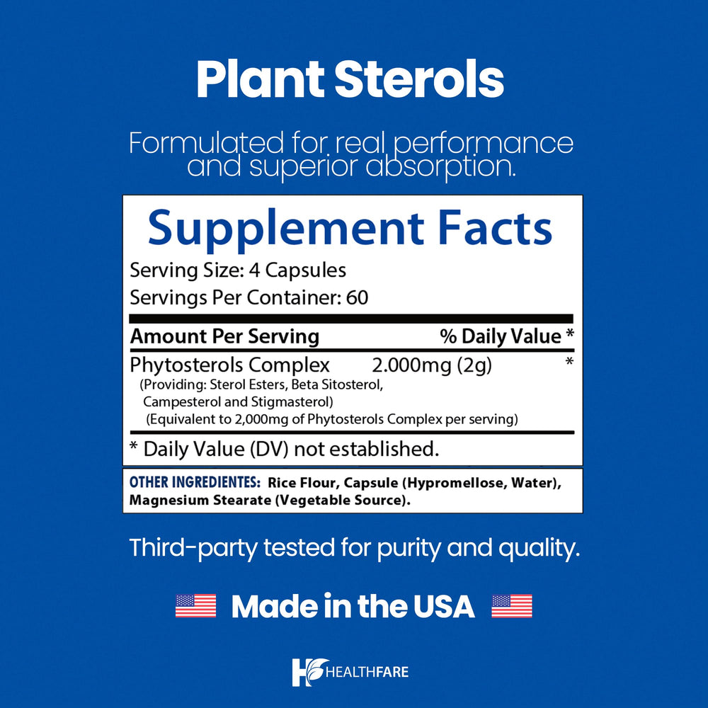 Healthfare Plant Sterols Capsules USA-made seal shown on bottle.