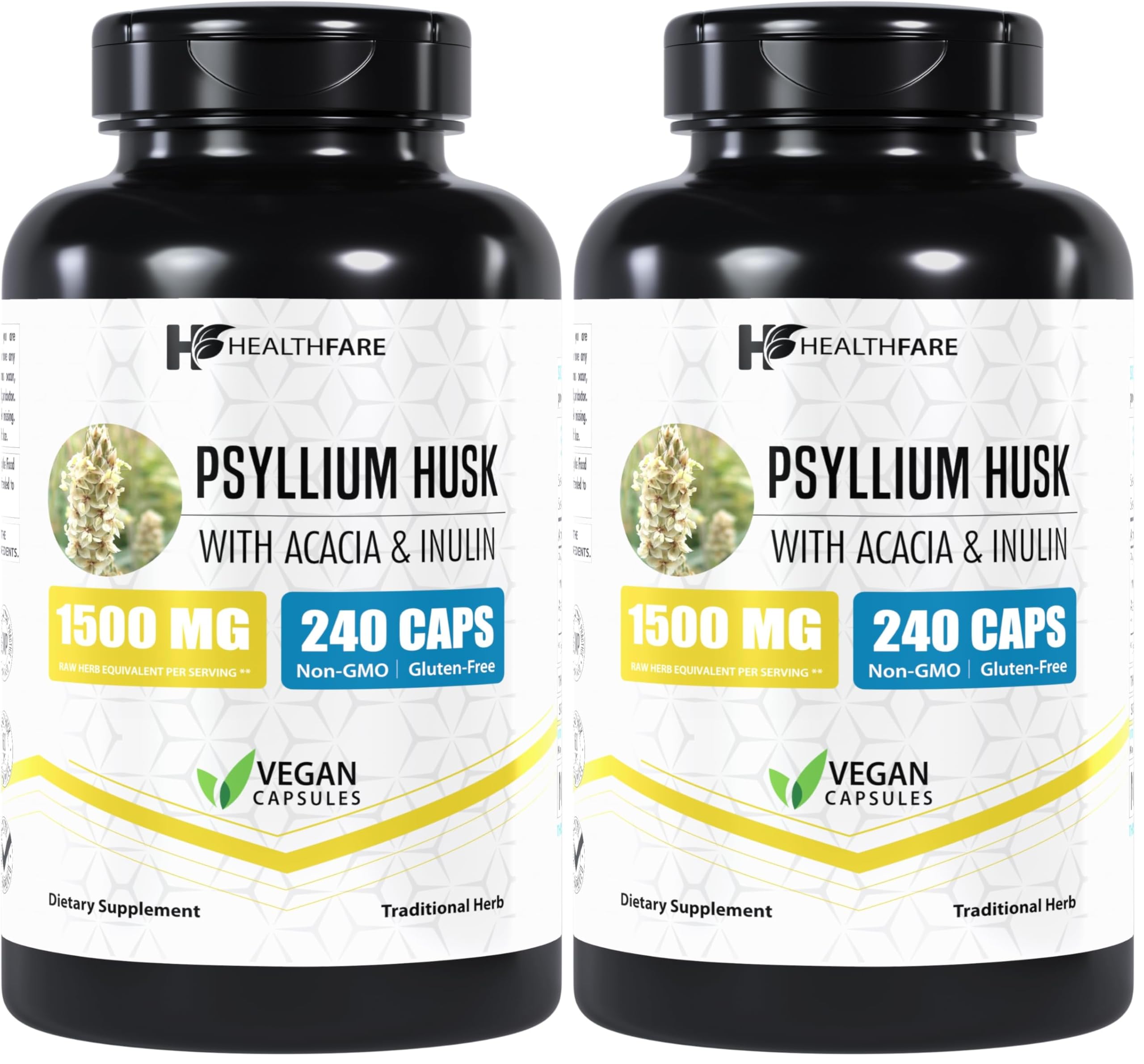 Healthfare Psyllium Husk Capsules bottle front, highlighting high-potency 1500mg per capsule.