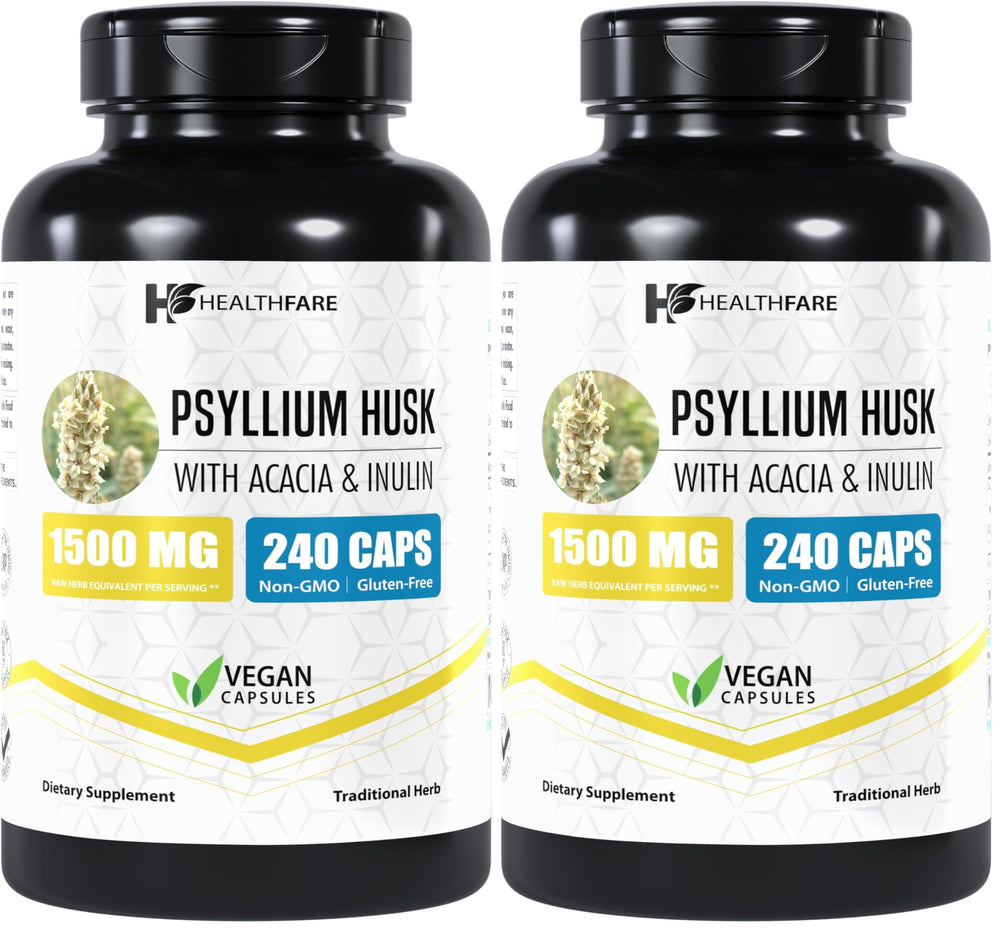 Healthfare Psyllium Husk Capsules bottle front, highlighting high-potency 1500mg per capsule.
