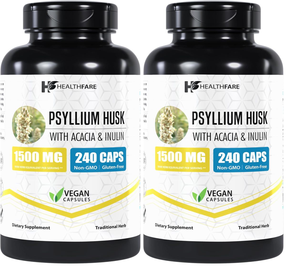 Healthfare Psyllium Husk Capsules bottle front, highlighting high-potency 1500mg per capsule.