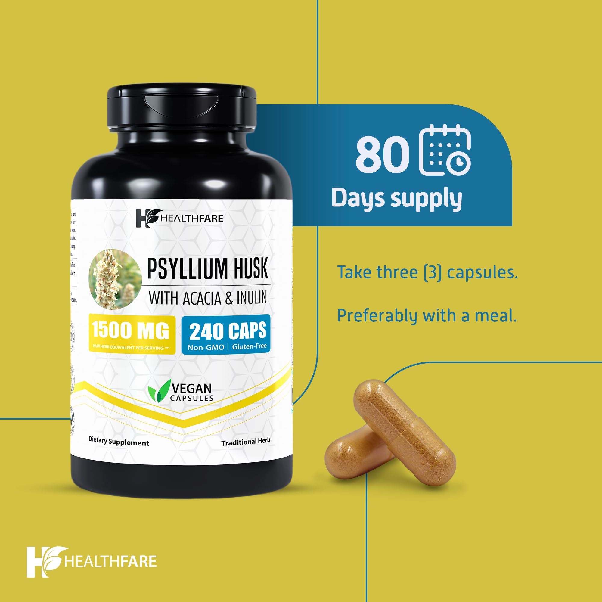 Healthfare bottle side view with dosage and ingredients panel.
