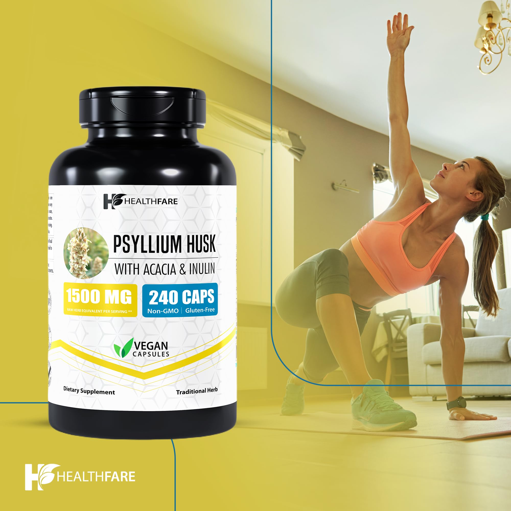 Healthfare Psyllium Husk Capsules next to a glass of water for daily use.