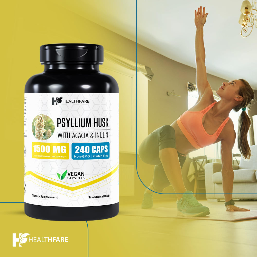 Healthfare Psyllium Husk Capsules next to a glass of water for daily use.