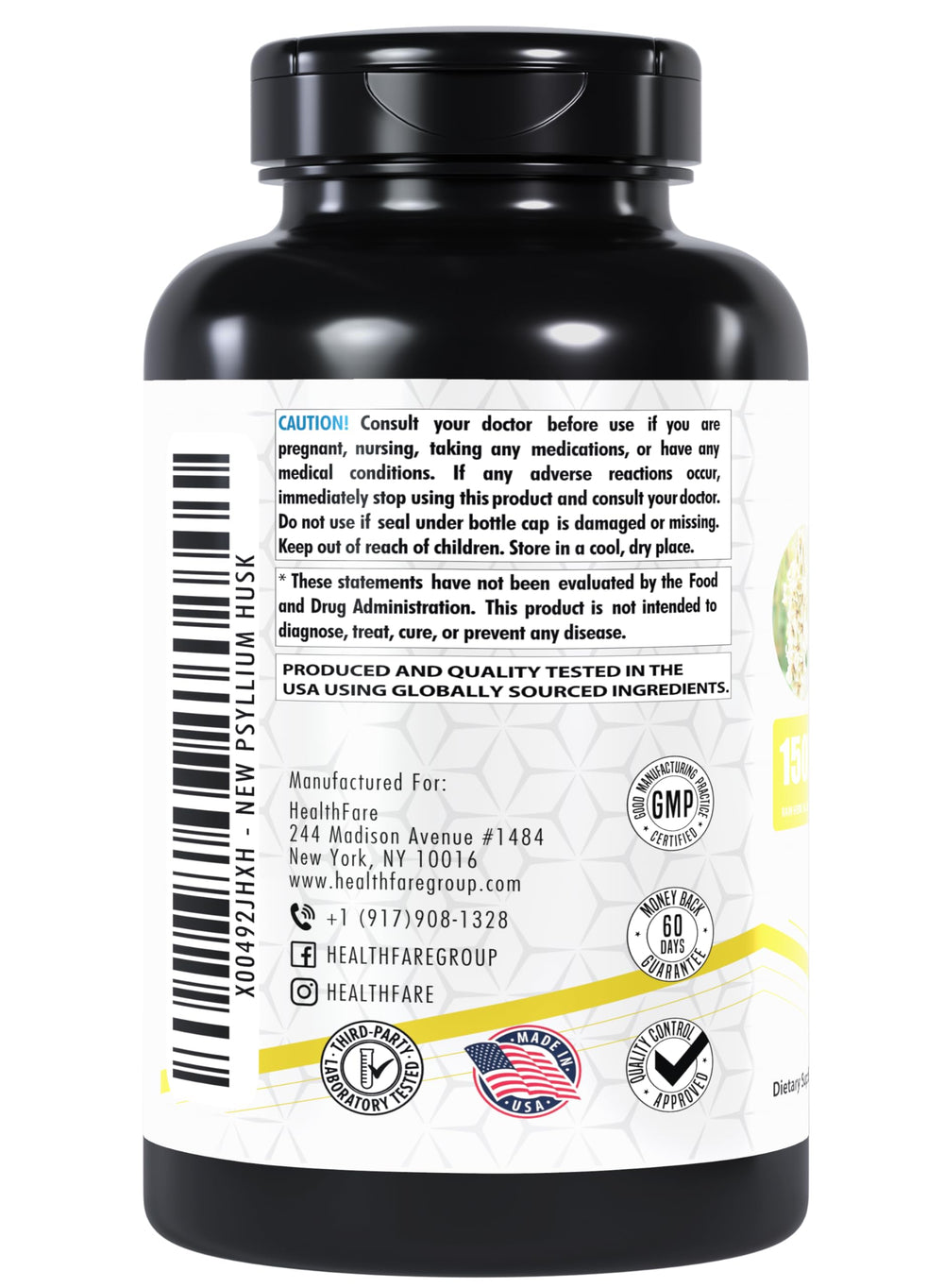 Healthfare Psyllium Husk Capsules packaging box with gluten-free and non-GMO labels.