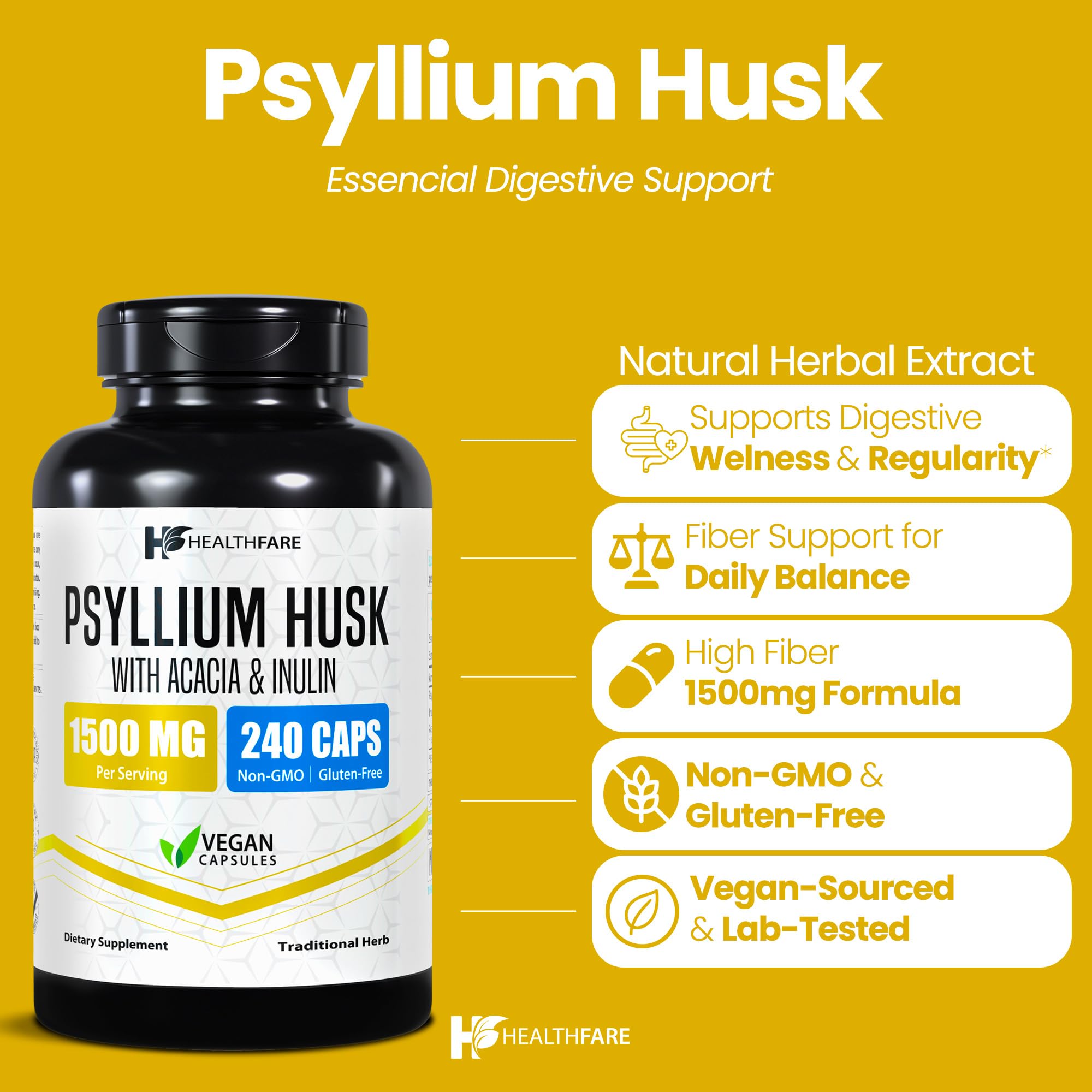 Healthfare Psyllium Husk Fiber capsules ready for convenient on-the-go supplementation.