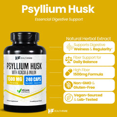Healthfare Psyllium Husk Fiber capsules ready for convenient on-the-go supplementation.