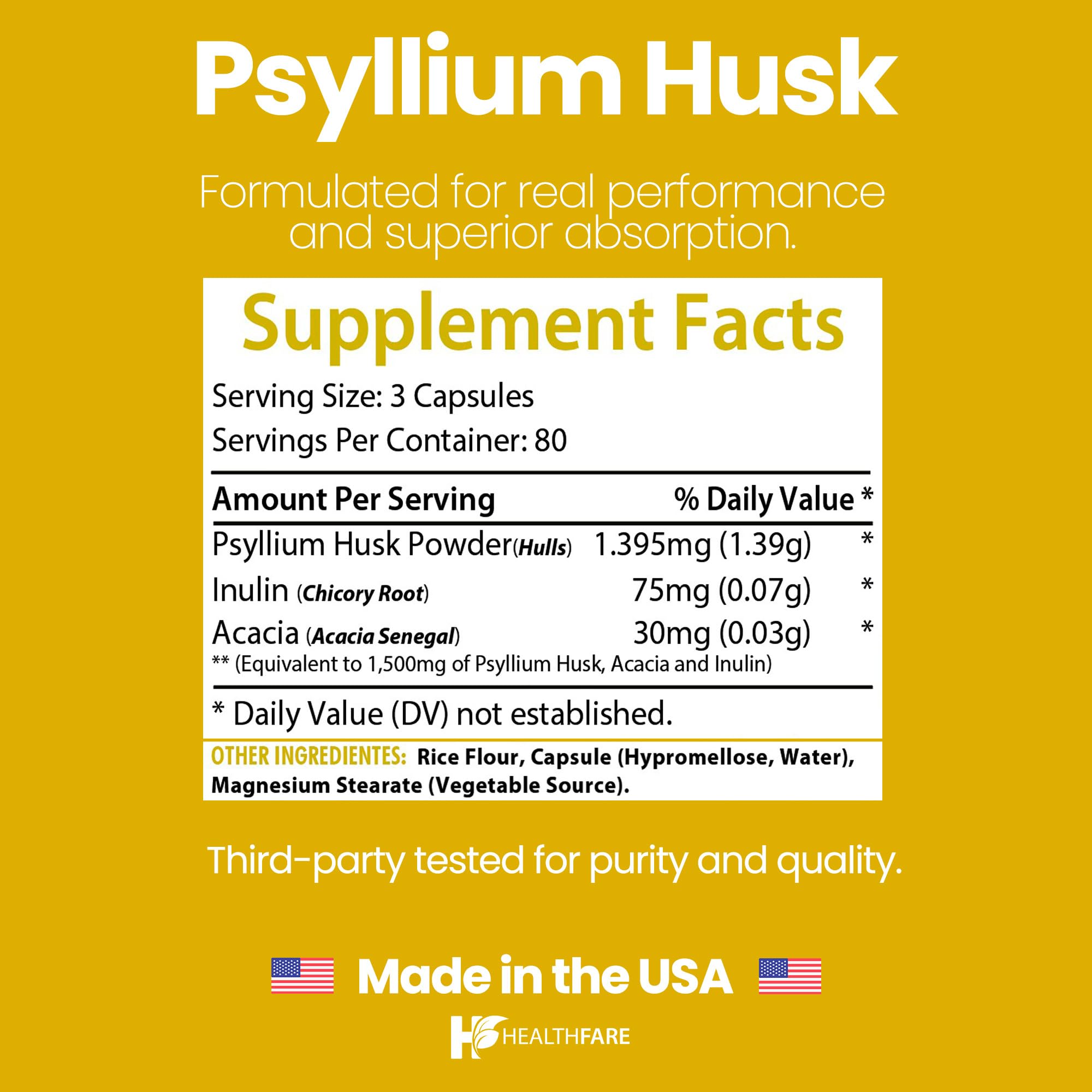 Healthfare Psyllium Husk Fiber label closeup highlights vegan and gluten-free formula.