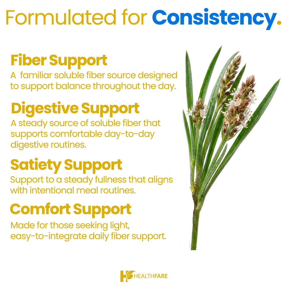 Healthfare Psyllium Husk Fiber pouring capsules demonstrates simple daily intake.