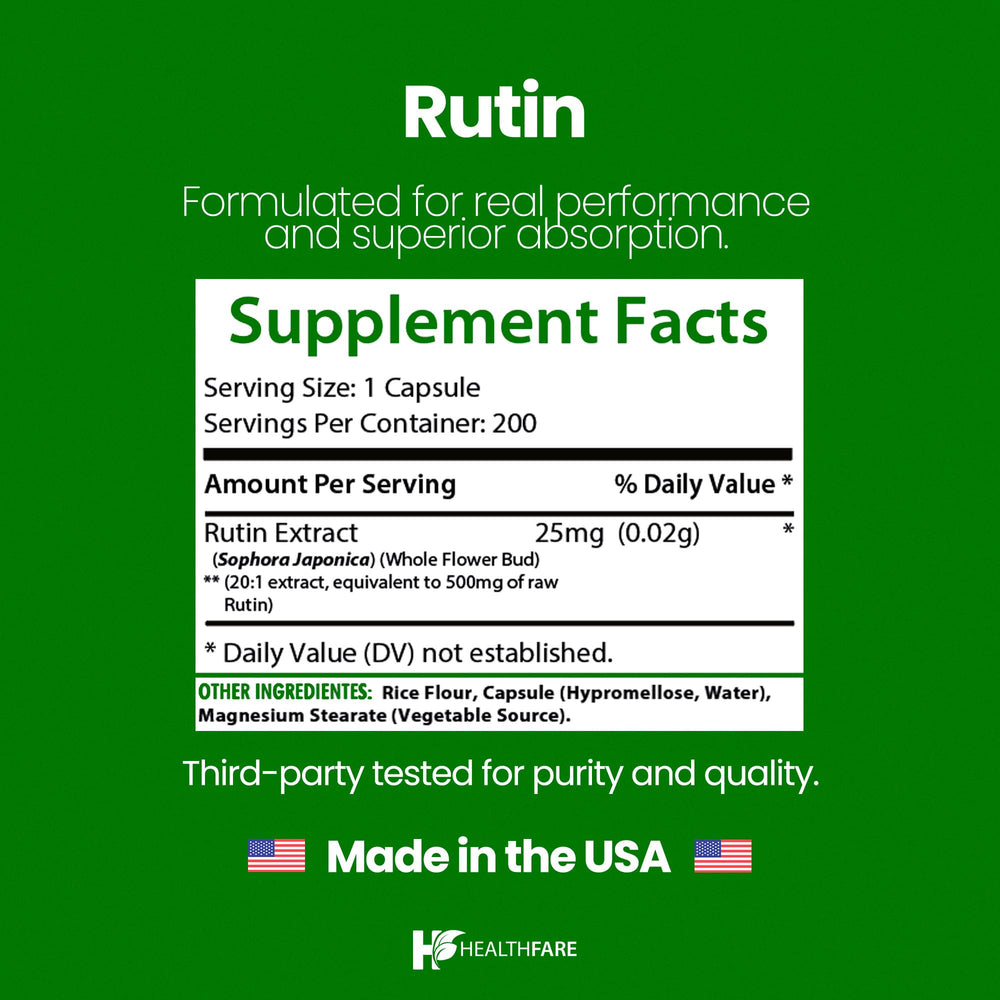 Healthfare Rutin capsule close-up emphasizing easy-to-swallow capsules