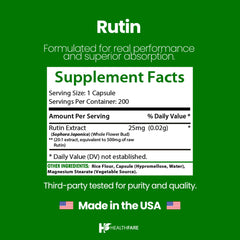 Healthfare Rutin capsule close-up emphasizing easy-to-swallow capsules