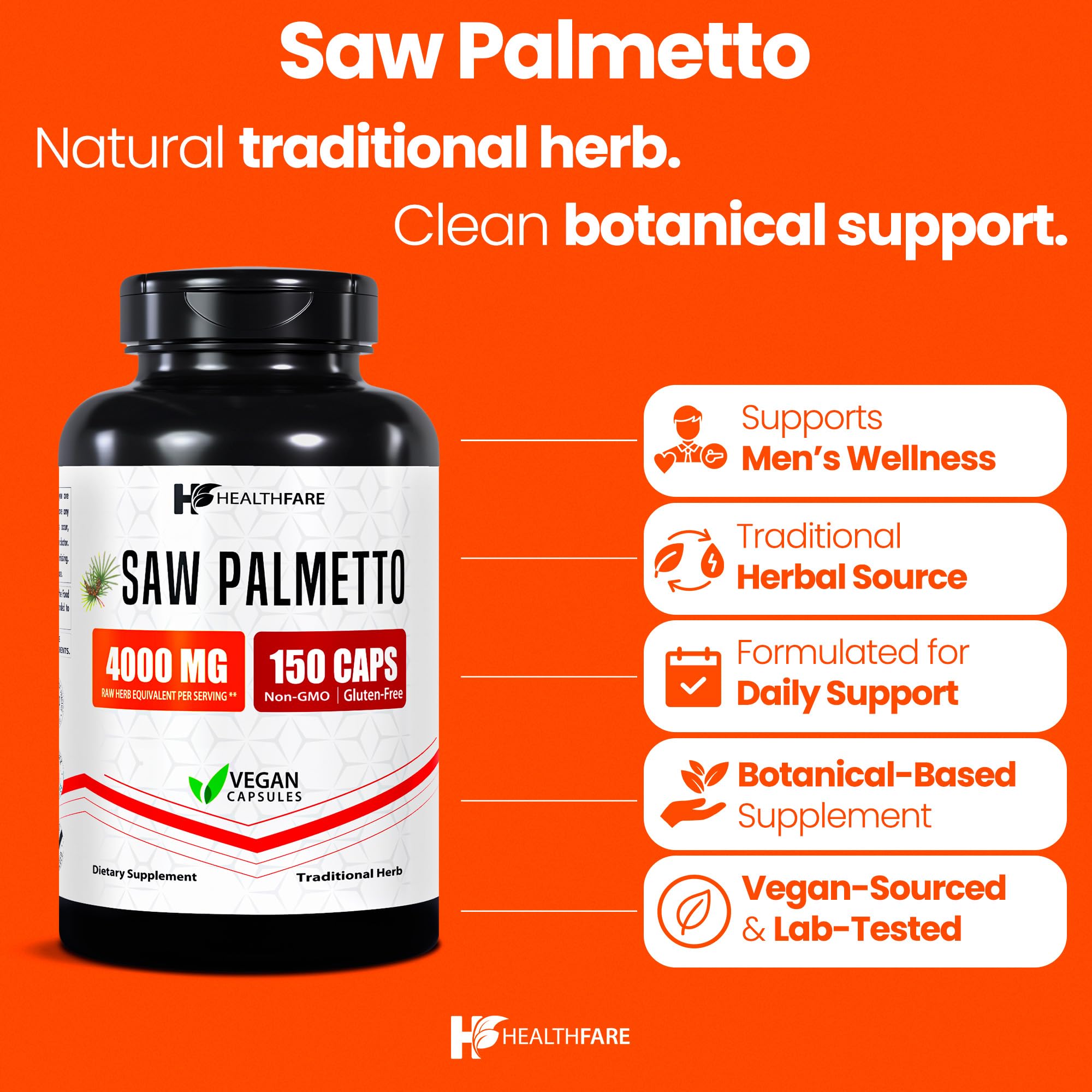Healthfare saw palmetto capsules close up highlighting 4000mg equivalent extract
