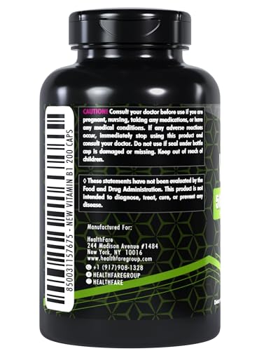 Healthfare Vitamin B1 500mg capsules closeup showing easy daily intake