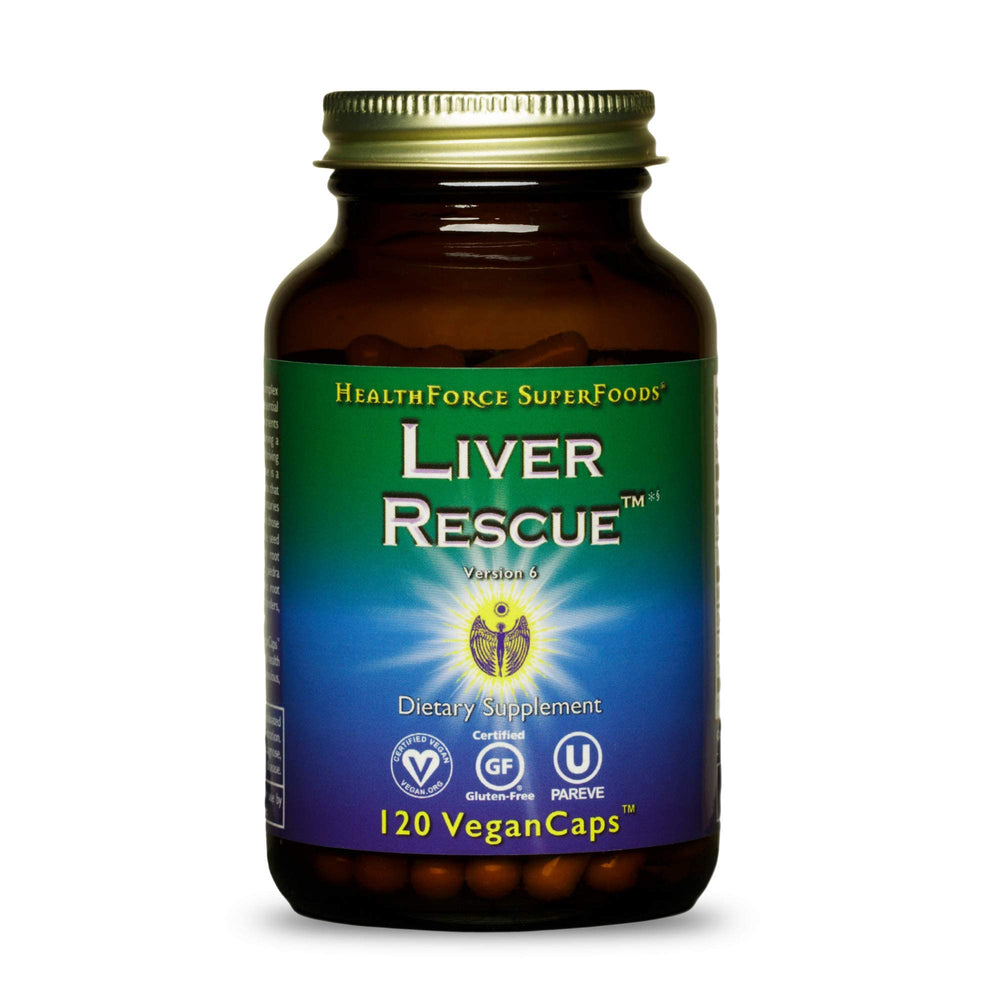 HealthForce Liver Rescue bottle on a counter for daily liver support.