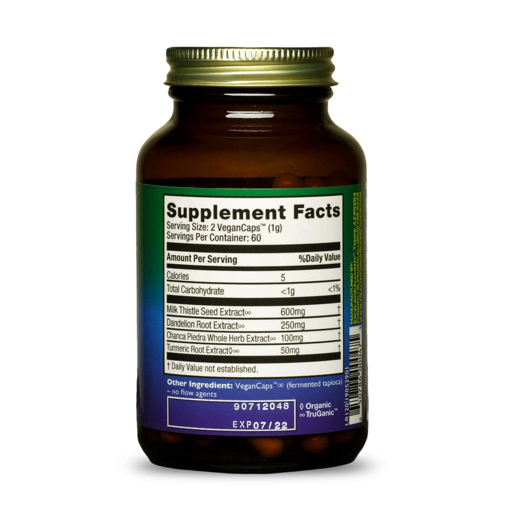 HealthForce Liver Rescue label highlighting milk thistle and dandelion ingredients.