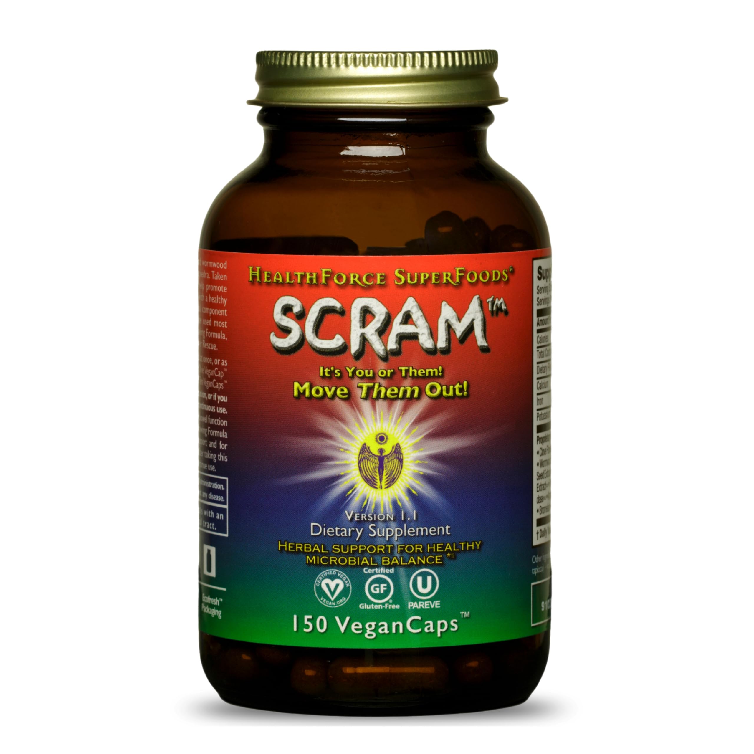 HEALTHFORCE Scram bottle front view highlighting digestion support capsules.