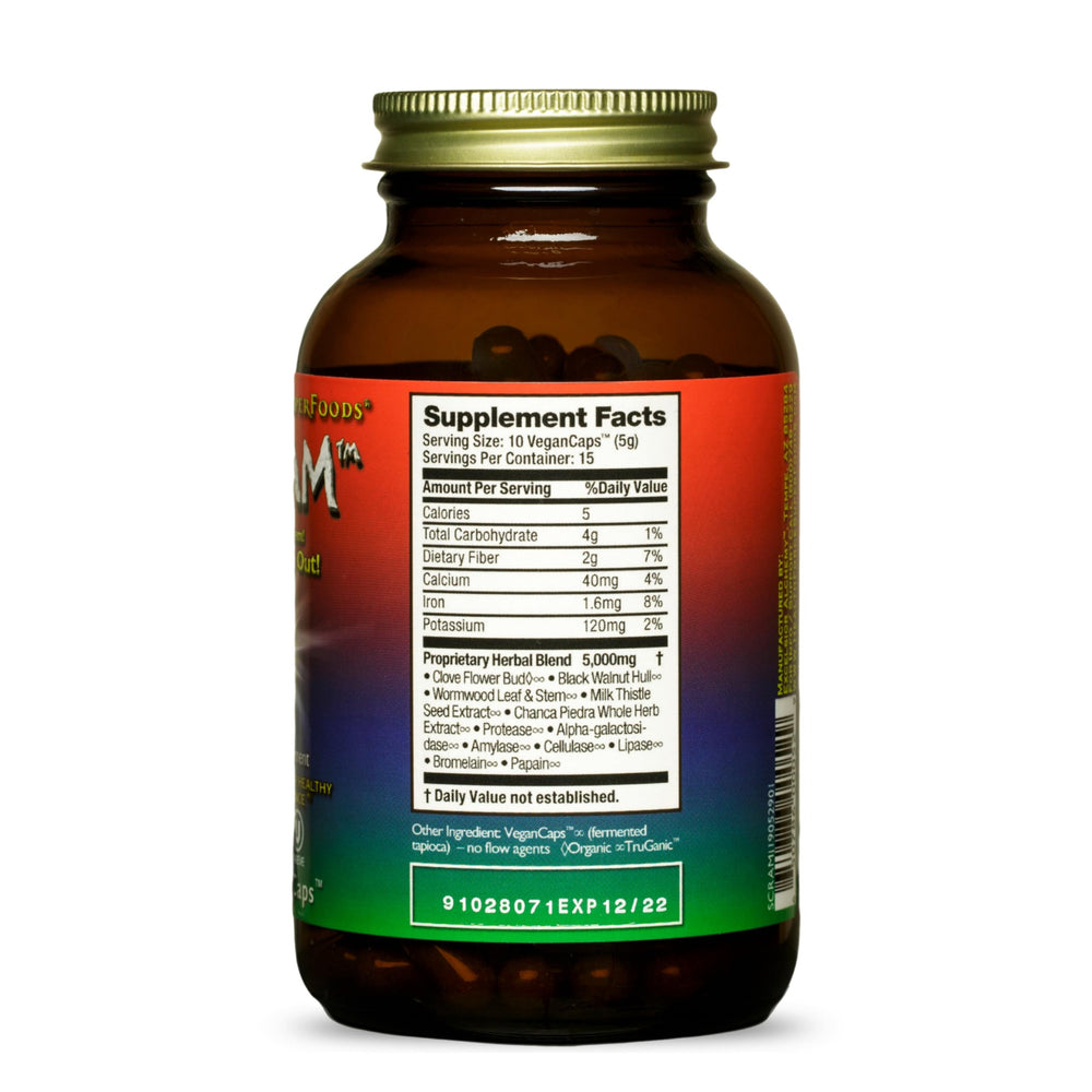 HEALTHFORCE Scram bottle side view suggests daily liver and digestion routine.