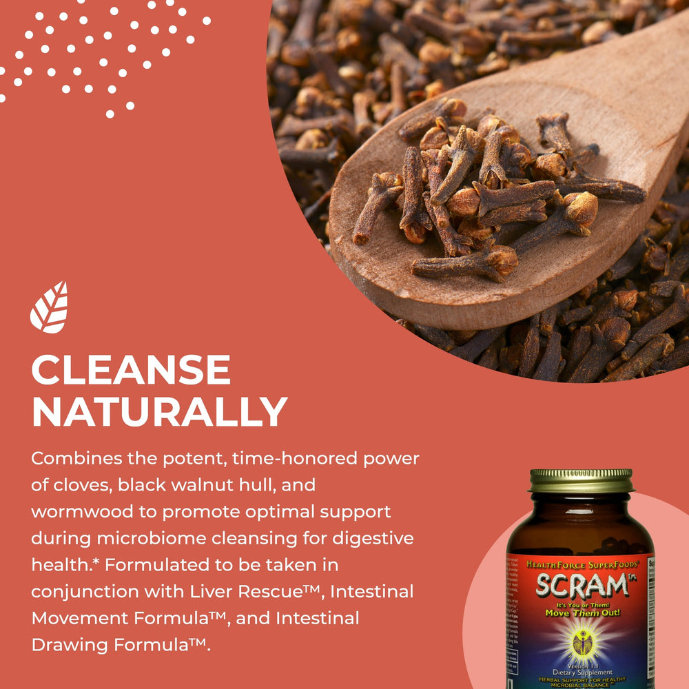 HEALTHFORCE Scram capsules arranged for easy daily digestion support.