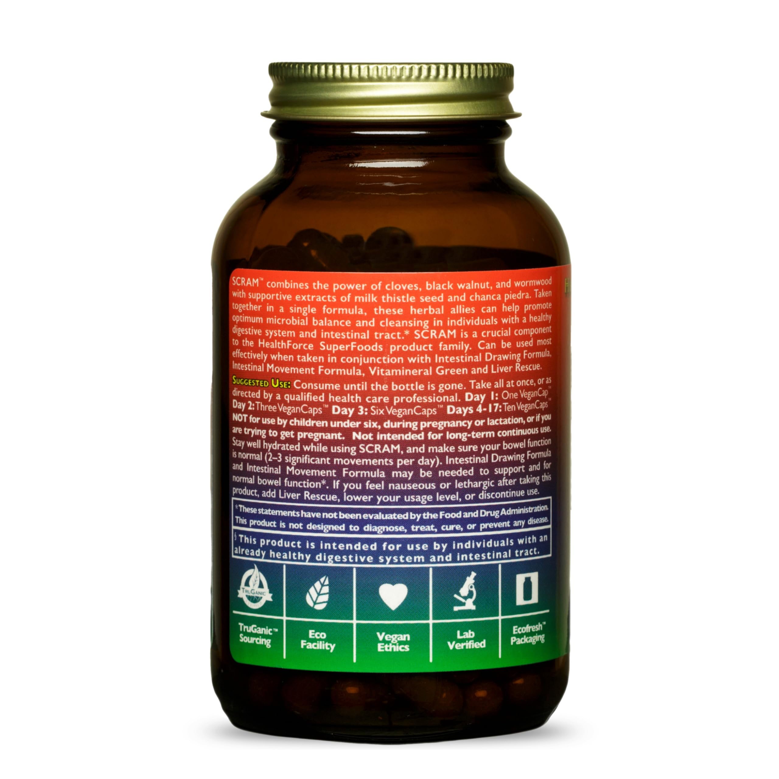 HEALTHFORCE Scram label close-up communicates vegan, kosher, gluten-free standards.