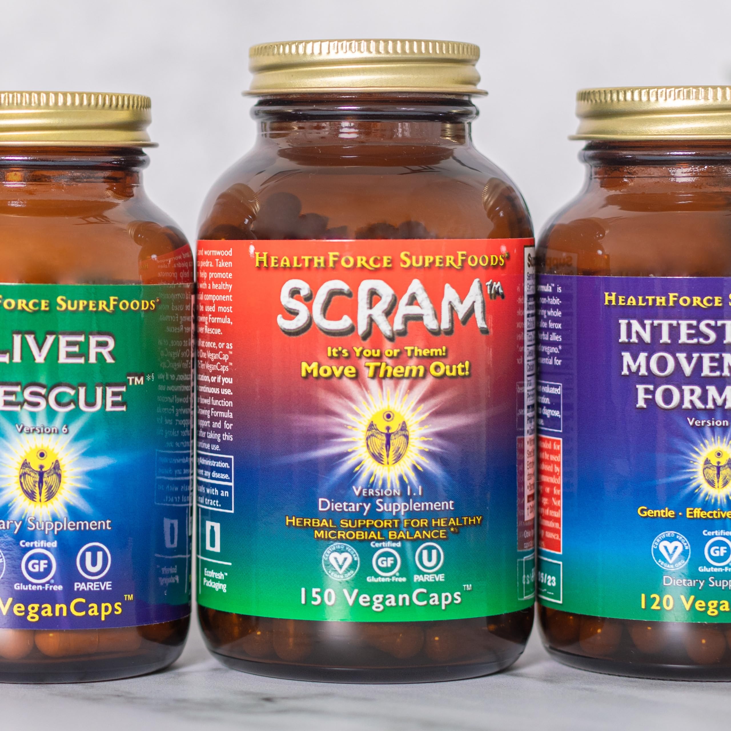 HEALTHFORCE Scram packaging on display shows vegan standards.
