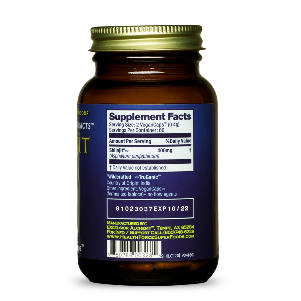 Close-up of Shilajit capsules highlighting vegan, organic formula for daily use.