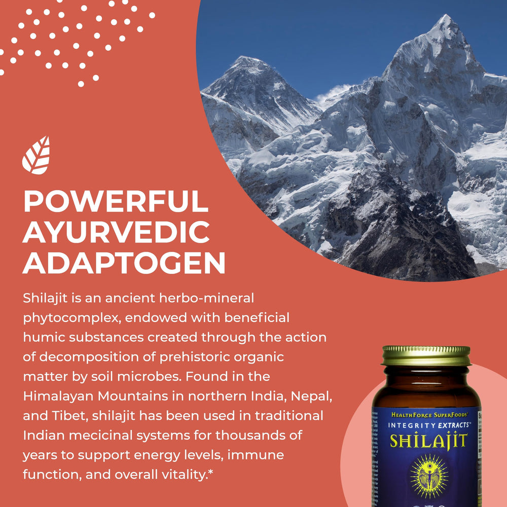 Organic certification symbol visible on HealthForce Shilajit packaging.