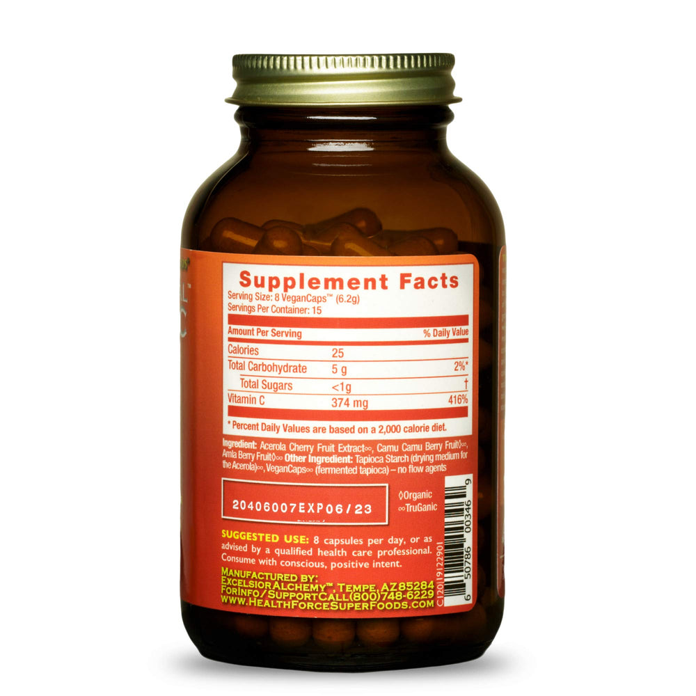 HEALTHFORCE Truly Natural Vitamin C capsules closeup highlighting easy-to-swallow vegan capsules.
