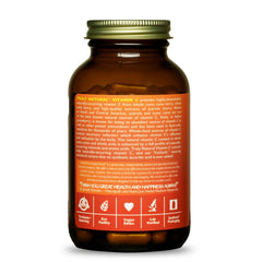 HEALTHFORCE Truly Natural Vitamin C label closeup emphasizing whole-food ingredients and allergen-free formulation.