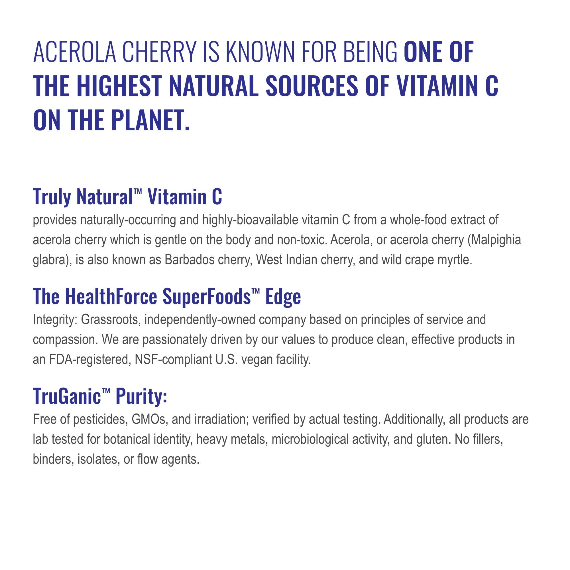 HEALTHFORCE Truly Natural Vitamin C vegan, kosher, gluten-free icons on packaging.