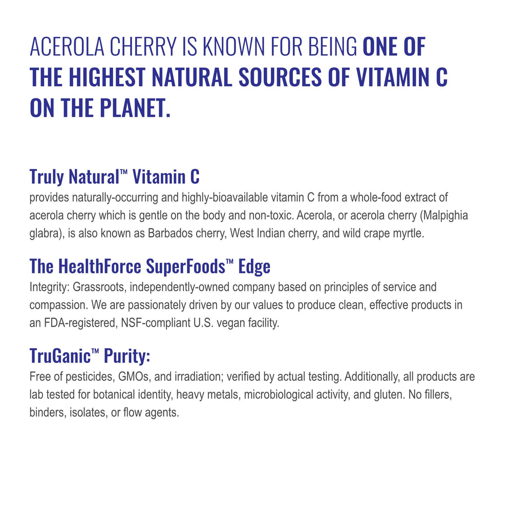 HEALTHFORCE Truly Natural Vitamin C vegan, kosher, gluten-free icons on packaging.