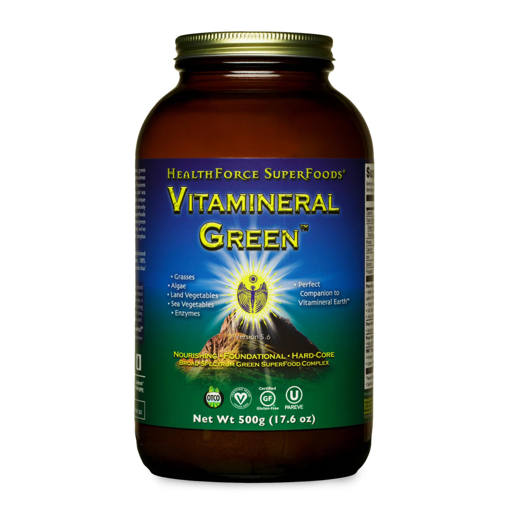 HEALTHFORCE Vitamineral Green bottle beside a smoothie for immune support