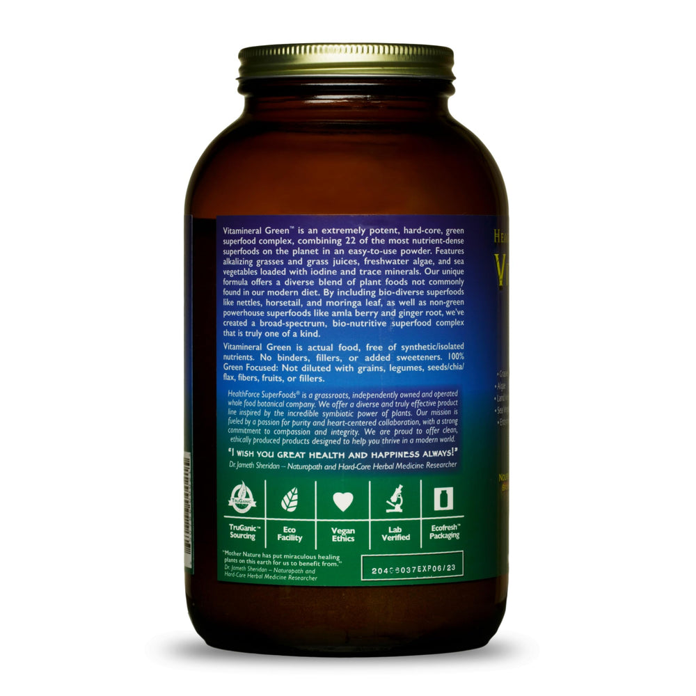 Close-up of HEALTHFORCE Vitamineral Green label with nettles and kelp